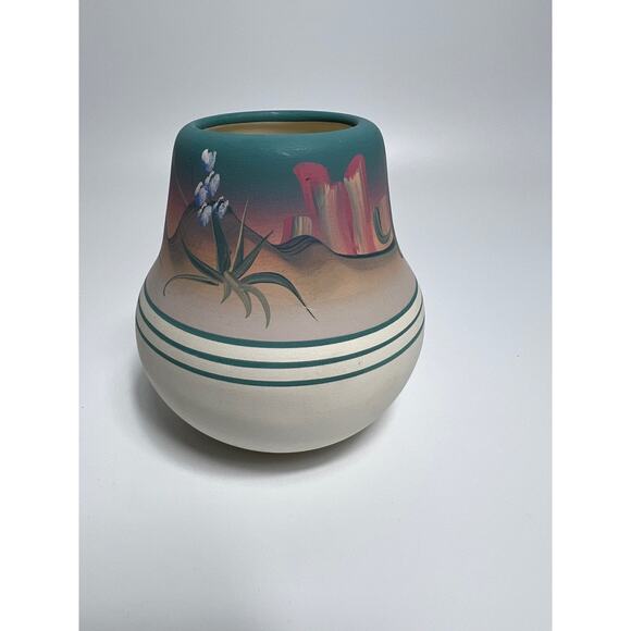 Native American New West Hand Painted Pink and Blue Pottery Vase - Picture 1 of 8